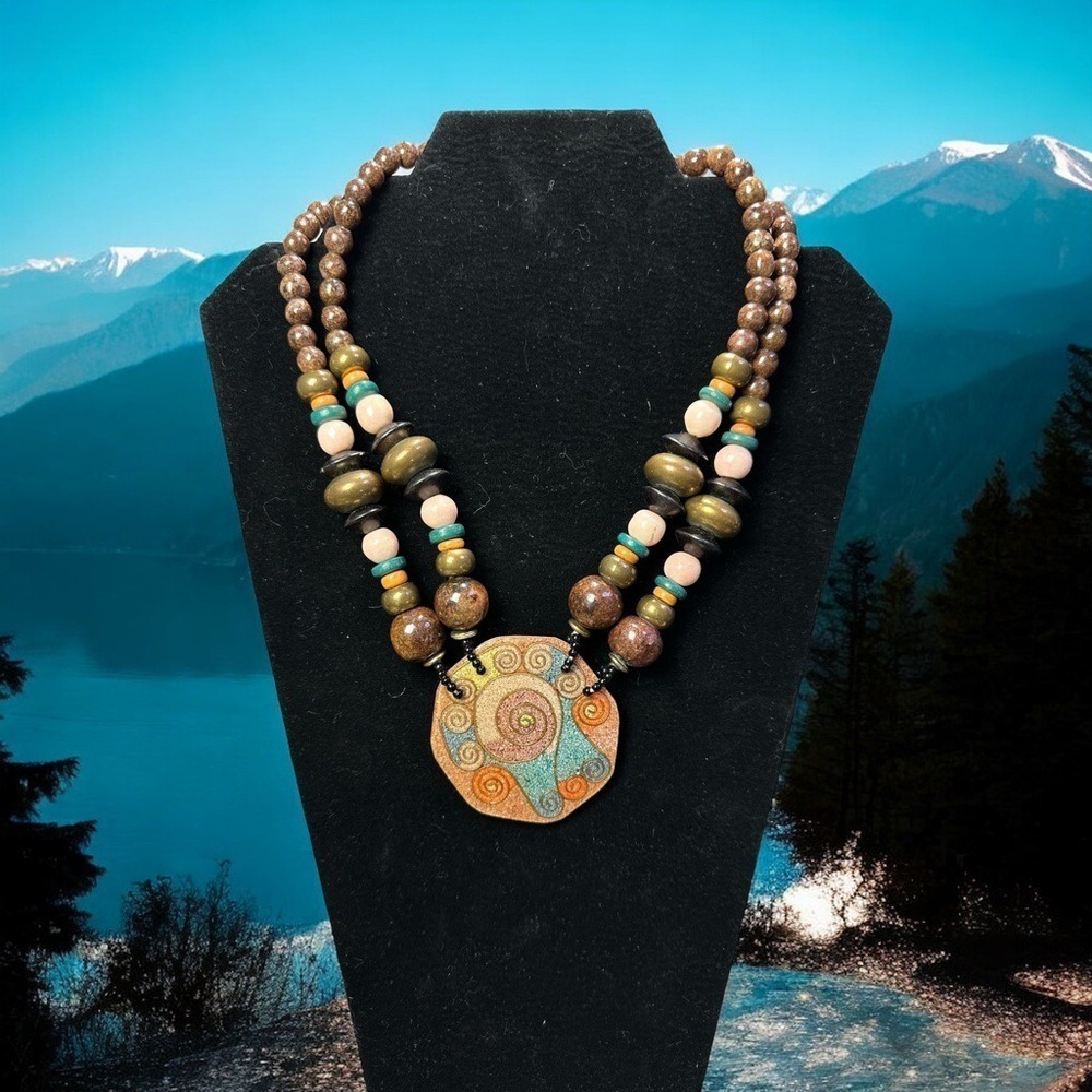 Artisan Ceramic Spiral Pendant Beaded Necklace Wearable Art Statement Earth Tone